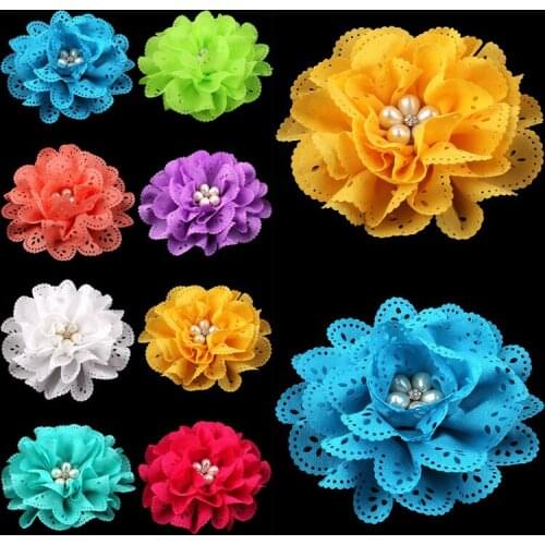 120pcs/lot 4" 15colors Hair Clips Eyelet Hair Flower+Pearl Button For Children Hair Accessories Fabric Flowers For Headbands DIY