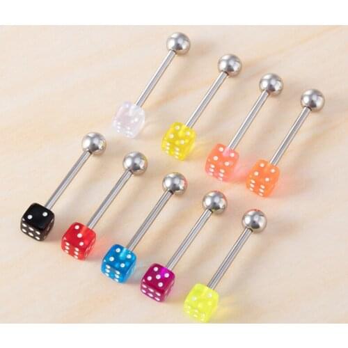 2pc Dice Tongue Ring Surgical Steel Tongue Barbell Piercing Acrylic Ball Colorful Labret Stud Bar for Women Men Body Jewelry 14G