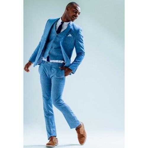 2021 Blue Linen Wedding Suits 3 Pieces Summer Beach Groom Tuxedos Prom Dinner Costume Homme Groomsman Suit Terno Slim Fit Blazer