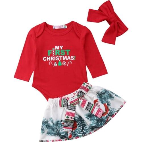 0-18 Months Babies New Year Xmas Clothes Sets Newborn Baby Infant Girl Christmas Bodysuits Skirts Cotton 3 Pcs Outfit Clothes