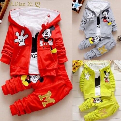 Spring Autumn Baby Girl Boy Clothes Set Cute Mickey Cotton Hooded Coat+T Shirt+Pants 3PCS Suit Casual Kid Children Tracksuits