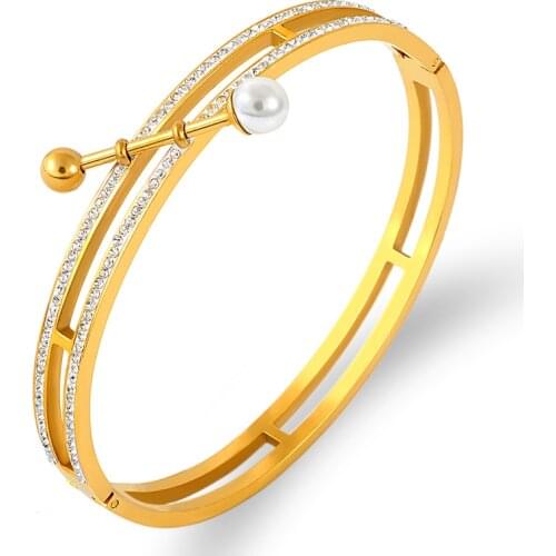 2021 New Hollow Double Row Full Rhinestone Pearl Bracelet Titanium Steel Zirconia Bangle Gold Woman Bracelet Fine jewelry Bijoux