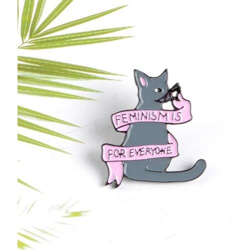 Gray cat pink ribbon enamel brooch with glasses The slogan "FEMINISM IS FOR EVERYONE" Creative personality cartoon feminism badg