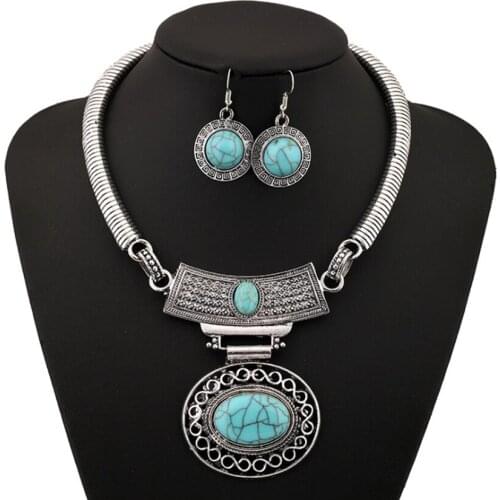 Ethnic Style Silver Plated Oval Green Turquoises Stone Pendant Link Chain Necklace Drop Earrings Charm Jewelry Sets