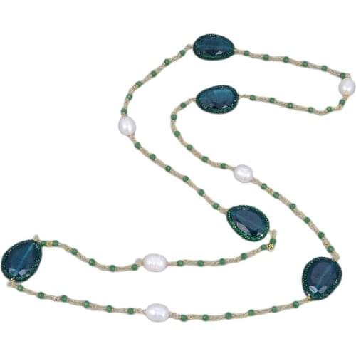 GG Jewelry 45" Natural White Rice Pearl Green Cats-Eye Crystal CZ Paved Long Necklace Cute For Women Lady