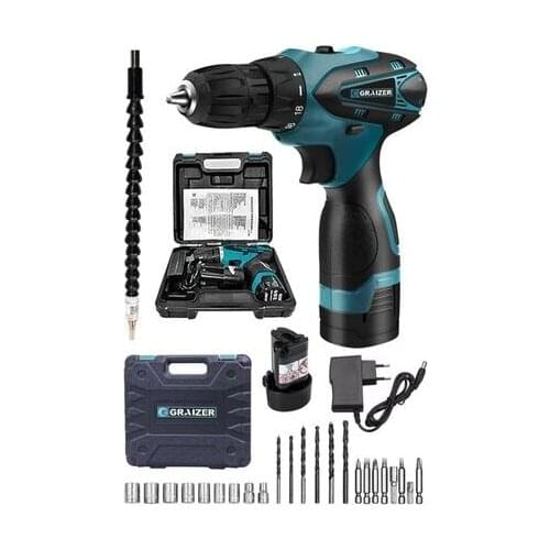 Graizer German Attack On Titan 32 V Sjs Double Metal Transmission Double Cordless Rechargeable Screwdriver Drill + 24 Piece Set Blue
