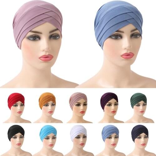 Indian Cross Turban Women Muslim Hijab Inner Cap Chemo Stretch Head Scarf Islamic Beanie Bonnet Solid Color Hair Loss Covers Hat
