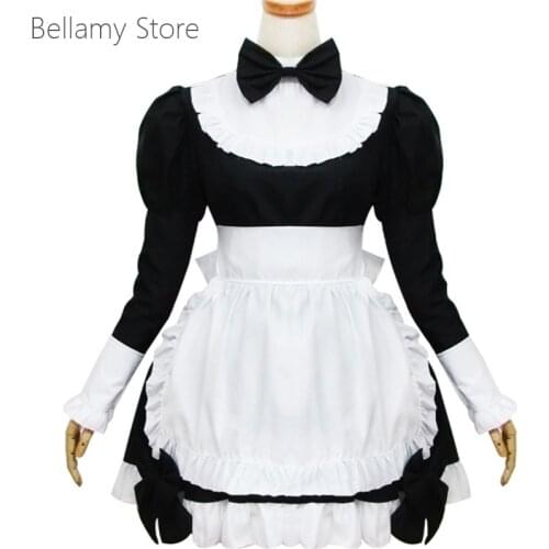 Hand made Classic Lolita bow Ruffle Long Sleeve Black and white Maid Dress