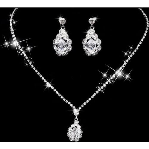 Trendy Female White Crystal Jewelry Set Silver Color Flower Stud Earrings For Women Cute Bride Geometric Wedding Chain Necklace