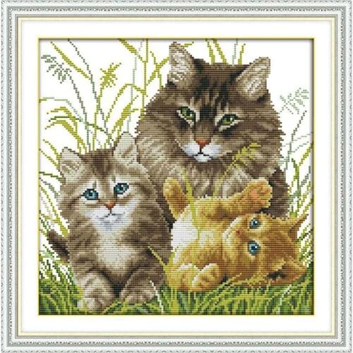 Handmade Stamped & Counted Cross Stitch Kit 11CT 14CT Cloth DIY Embroidery Kit - Cat Family