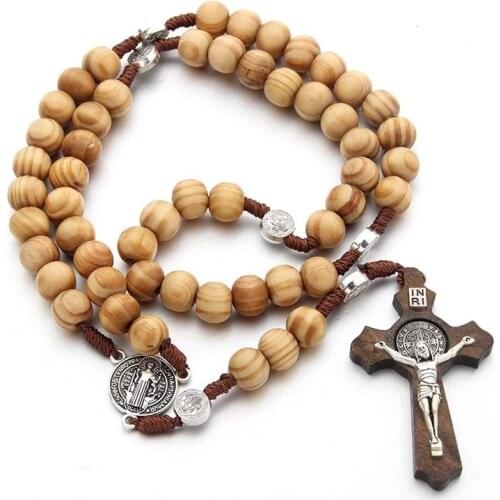 9 Types Religious Handmade Natural Pine Wood Round Rosary Beads Prayer Cross Necklace Jewelry Gift Unisex Fashion
