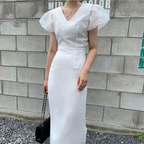 LLZACOOSH New 2021 Summer Women Minimalism V-Neck Slim Solid White Black Puff Sleeve Office All-Macthing Sheath Dresses