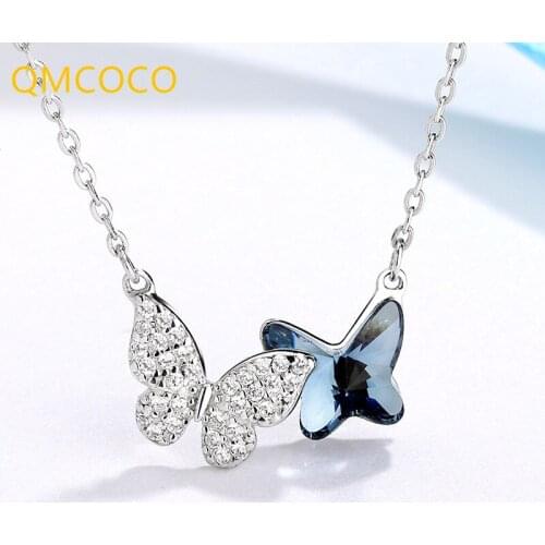 QMCOCO Design 925 Silver Necklace Ladies Simple Pendant Necklace Fashion Blue Butterfly Woman Jewelry Decoration