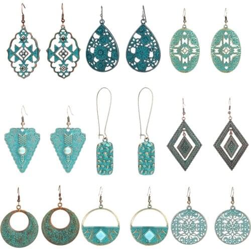 Retro ethnic bronze green water drop earrings female Bohemian hollow flowers geometric dangle earrings for women earings jewelry