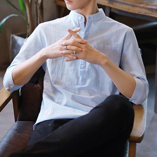 Men Shirts Casual Stand Collar Blouse three-quarter sleeve loose Cotton Linen Shirt Male Top Summer 2021 man Shirts