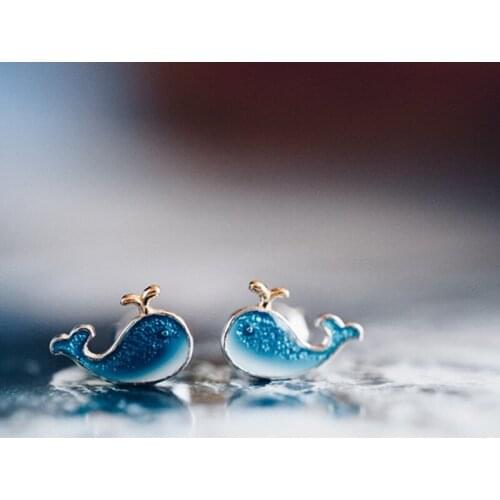 Fine Little Blue Whale Stud Earrings Creative Design Two Tone Fashion Cute Jewelry For Women Wedding Birthday Christmas Gifts