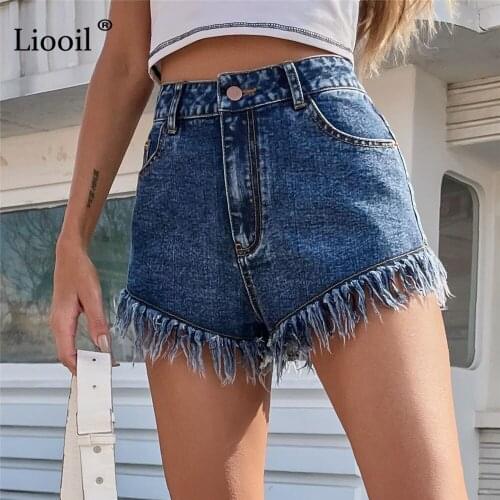 Liooil Tassel Denim Shorts Women Summer 2021 High Waist Distressed Straight Leg with Pockets Blue Jeans Shorts Pants Streetwear