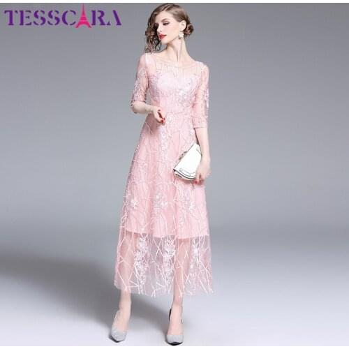 TESSCARA Women Long Embroidery Pink Mesh Dress Festa Female High Quality Wedding Party Robe Femme Designer Flower Girl Vestidos