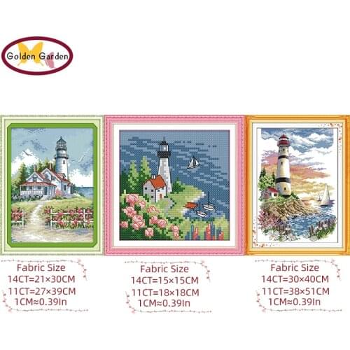NKF Lighthouse Stamped Cross Stitch DIY Kits Needlework Embroidery Set Chinese Cross Stitch for Home Decor
