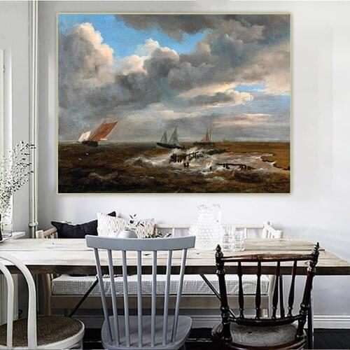 Jacob van Ruisdael《An estuary with smalschips and a galjoot in choppy waters》Canvas Oil Painting Aesthetic Decor Home Decoration