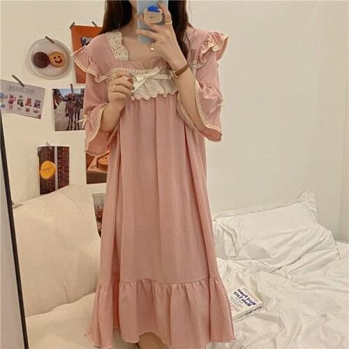 Pink Summer Nightgown Korean Lace Bow Square Collar Sleepwear Loose Vintage Sweet Ruffles Cotton Home Clothes Korean