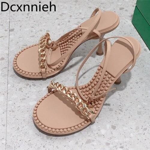 Summer New Woman metal chain ball pendant high heel sandals leather peep toe ankle strap dress shoes high quality designer shoes