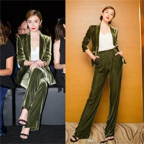 Women Pant Suits New autumn and winter stars with gold velvet women temperament leisure suit OL two sets of fashion suits women