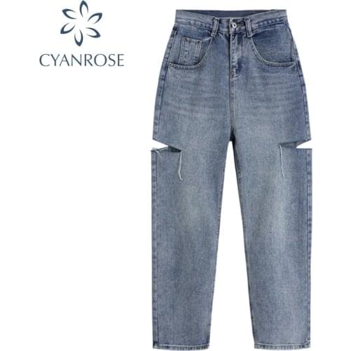 Woman Jeans High Waist Ripped Jeans 2020 Autumn Denim Clothing Streetwear Fashion Vintage Pants Loose Wide Leg Blue Jeans Women