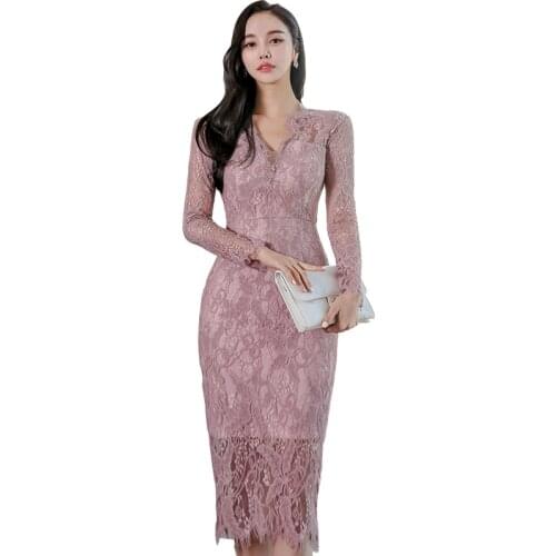 Pink lace office Dress one piece korean ladies Summer Sexy Long SLeeve V neck Tight party dress for women clothing