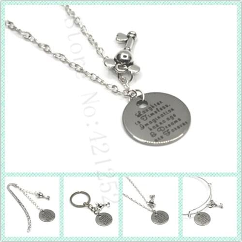 12pcs/lot Laughter is timeless, Imagination has no age and Dreams are Forever necklace bracelet keyring bookmark mouse key