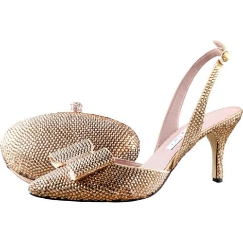 BS1190 Custom Handmade Gold Stones Crystal SlingBacks Big Size High Heel Women Shoes Bridal Wedding Shoes And Bag Set