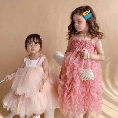 Baby Girl Princess Boutique Clothes 2021 Summer Children Smocked Tulle Fluffy Dress Infant Kids Suspender Cake Birthday Dresses