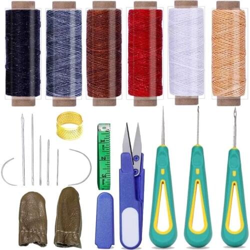 Imzay 21 Pieces Leather Sewing Kit, Leather Stitching Tools With Leather Needles, 6 Colors Waxed Thread, Scissors, Awl