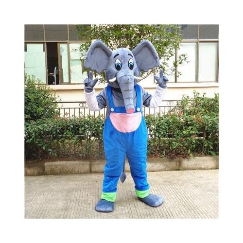 Cool Grey Elephant Mascot Costume Mascotte Elephish with White Ivory Long Nose Blue Pants Adult Walking Outfits for Halloween