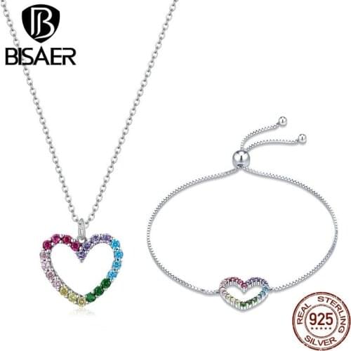 BISAER 925 Sterling Silver CZ Plated PlatinumJewelry Set Heart Shape Braclet & Necklce Women Girls Fashion Jewelry Gift WES230