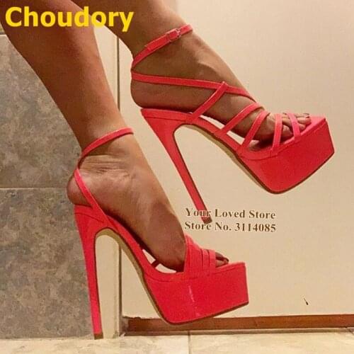 Choudory Red Patent Leather Strappy High Heel Sandals Platform Caged Dress Shoes Buckle Strap Gladiator Pumps Size46 Dropship