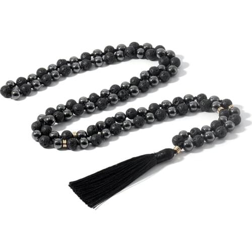 Magnetite & Black Lava Knotted Necklace 108 Mala Beaded Yoga Meditation Japamala Treatment Magnetic Jewelry