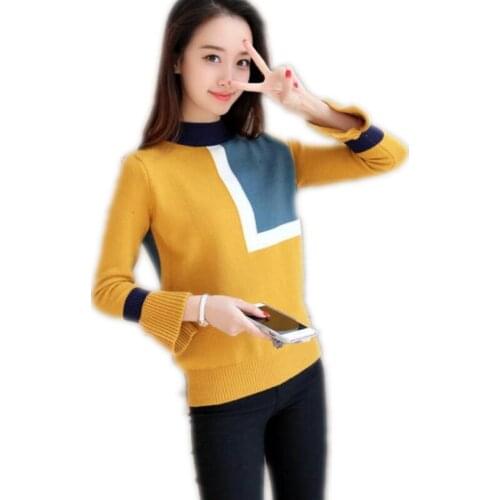 Sweet Long Flare Sleeve Women Short Sweater Pullovers 2018 Fashion Patchwork Color Female Autumn Winter Knitted Sweater SlimQ702