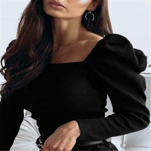 Spring Women Casual Solid Knitwear Crochet Puff Long Sleeve Shirt Knitted Tops Sweater Female Slim Fit Pullover Jumper S-XL