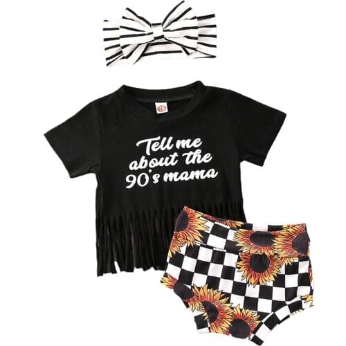 New Summer Kids Girls Top Shorts 3-Piece Suit O-Neck Short Sleeve Tassels Blouse Plaid Sunflower Pants Hair Band