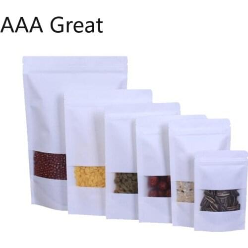 50Pcs/Lot White Kraft Paper Bag Zip Lock Bags Food Packaging Bag Tea Seeds Sealed Storage Pouches Stand Up Window Candy Snacks