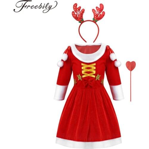 Christmas Dress Girl Santa Claus Costume Kids Red Dress With Magic Wand And Headband Children Halloween Cosplay Party Dress Up