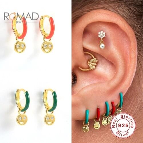 ROMAD Enamel S925 Sterling Silver Smiley Jewelry Earrings For Women Dripping Oil Hoop Earrings Colorful Jewelry Pendientes