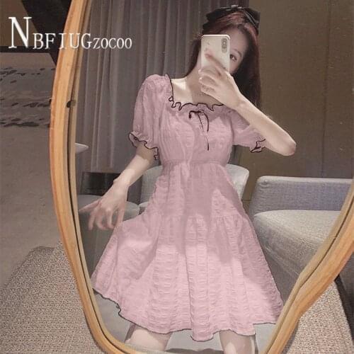 Chiffon Women Dress Summer French Style Puff Sleeve Female Dresses