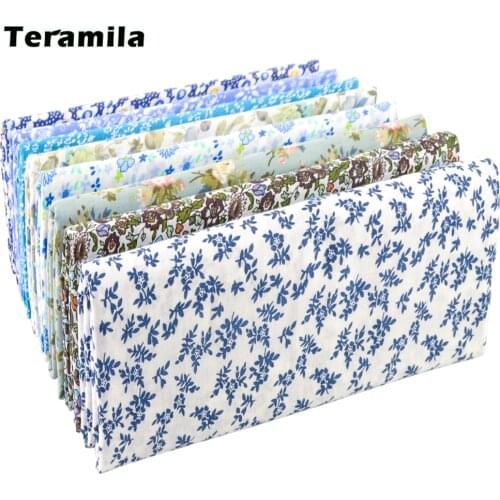 Teramila Grid Pattern Blue Floral Plain 100% Cotton Printed Patchwork Cloth Fabric for Art Sewing DIY Handmade Crafts Needlework