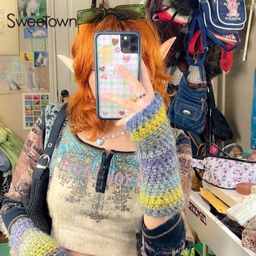 Sweetown 2000s Aesthetic Cute Baby Tee Y2K Fashion Patchwork Print Vintage Woman Tshirts BuckleUp Long Sleeve E Girl Tops Autumn