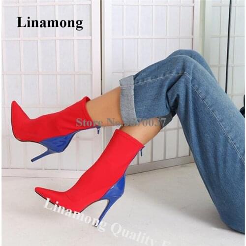 Linamong Fashion Pointed Toe Patchwork Stiletto Heel Short Boots Red Blue Mixed Colors High Heel Ankle Booties Dress Heels