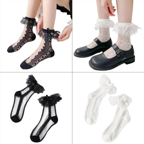 Women Summer Thin Glass Fiber Short Crew Socks Harajuku Lolita Sweet Lace Patterned Ruffle Bowknot Transparent Hosiery