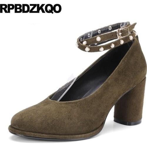 2018 Spring Fashion Women Pumps Size 4 34 3 Inch Shoes Suede Chunky Pearl Ankle Strap High Heels Designer New Autumn Round Toe