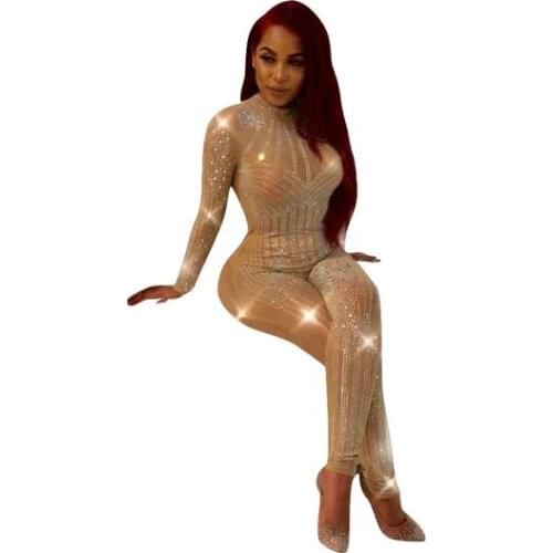 2019 New Sexy Bodycon Costume O-neck Lace Women Jumpsuits Solid Elegant Sequined Sexy Ladies Club Rompers DC631